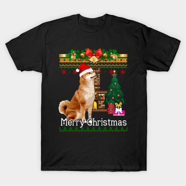 Ugly Christmas Sweater SHIBA INU T-Shirt by LaurieAndrew